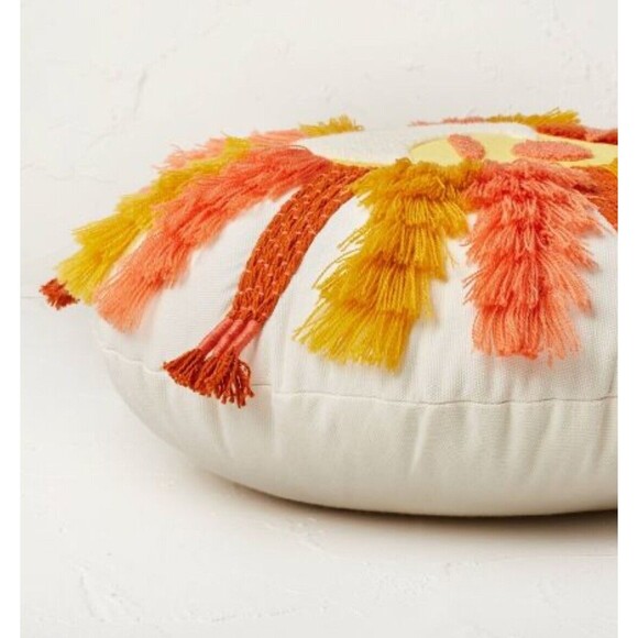 Opalhouse Sun Face Round Throw Pillow Gold - Fringed and Embroidered - New - Picture 3 of 6